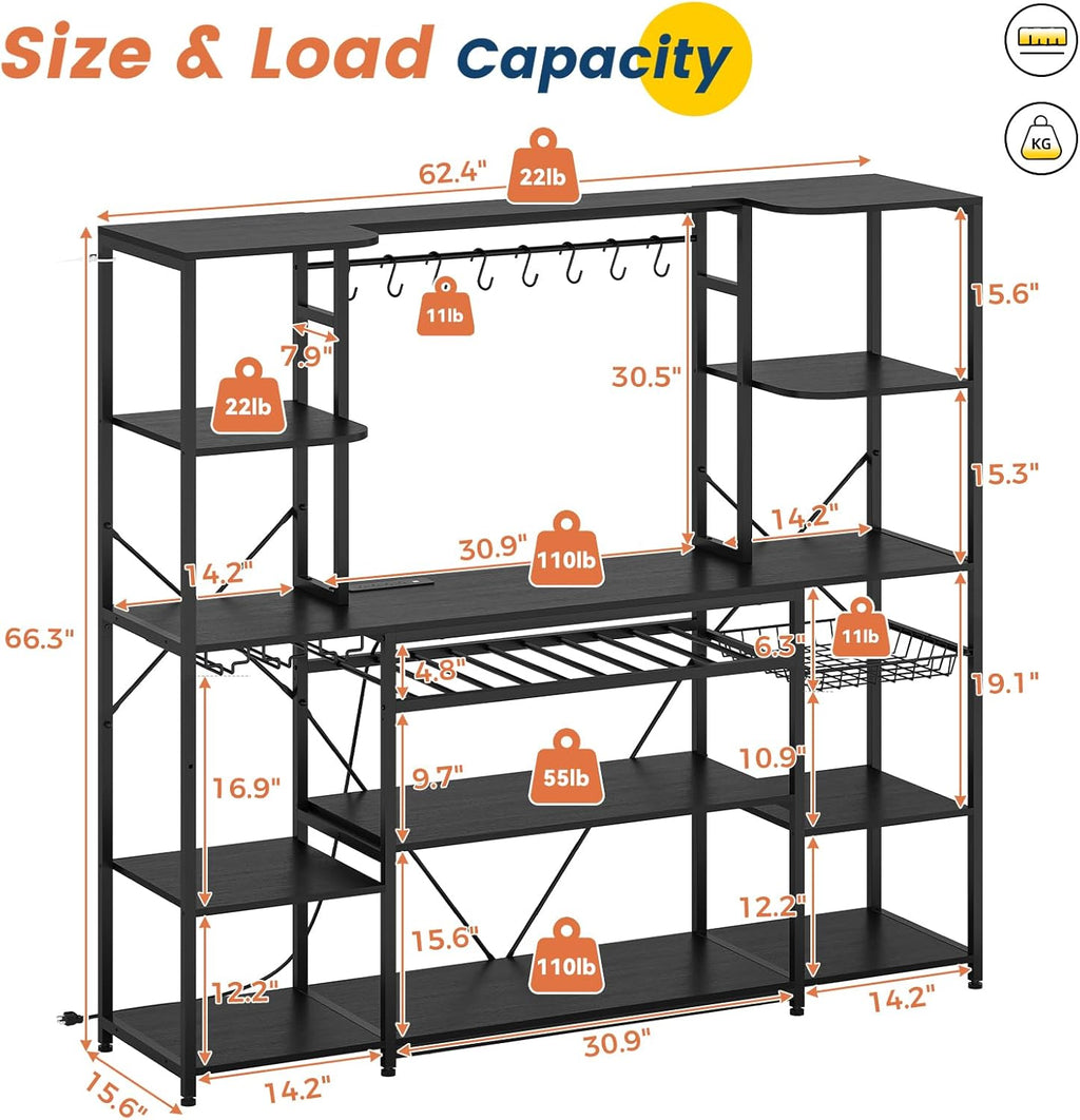 62.4in Large Bakers Rack with Power Outlet, Wide Kitchen Microwave Stand with Storage Shelves, 5-Tier Coffee Bar, Wine Rack, Goblet Holder, 8 Hooks, Wire Basket(Black)