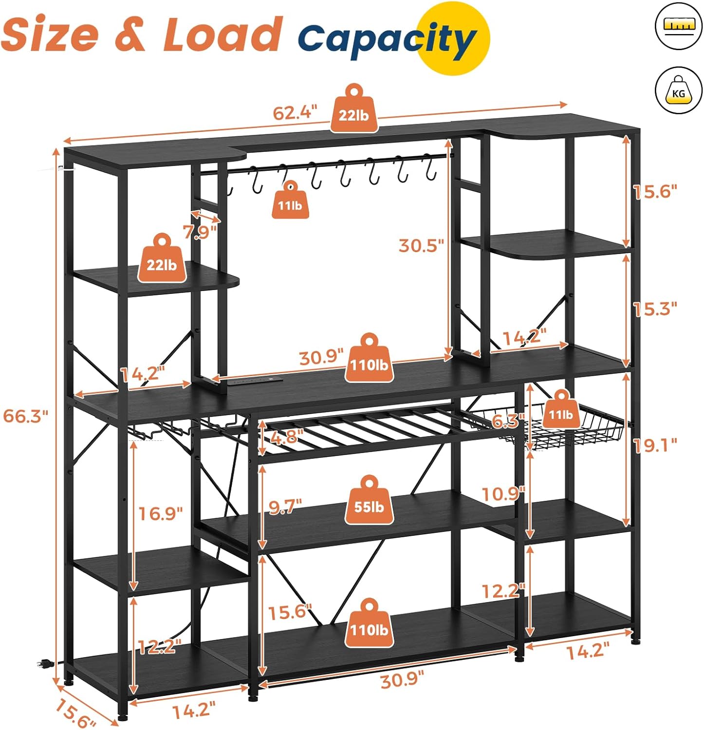 62.4in Large Bakers Rack with Power Outlet, Wide Kitchen Microwave Stand with Storage Shelves, 5-Tier Coffee Bar, Wine Rack, Goblet Holder, 8 Hooks, Wire Basket(Black)
