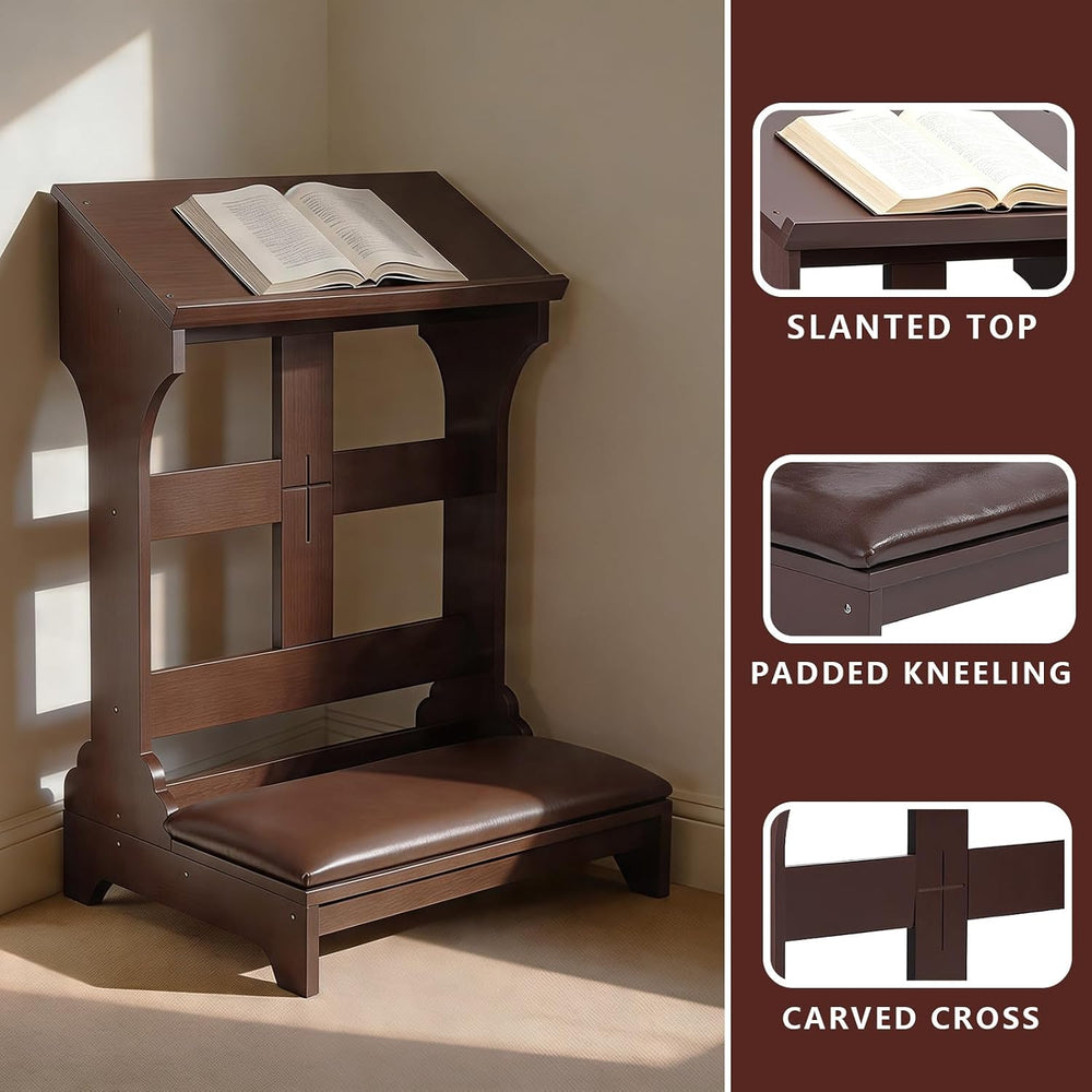 Kneeler for Prayer – Wooden Prayer Bench Kneeler, Padded Faux Leather Kneelin...