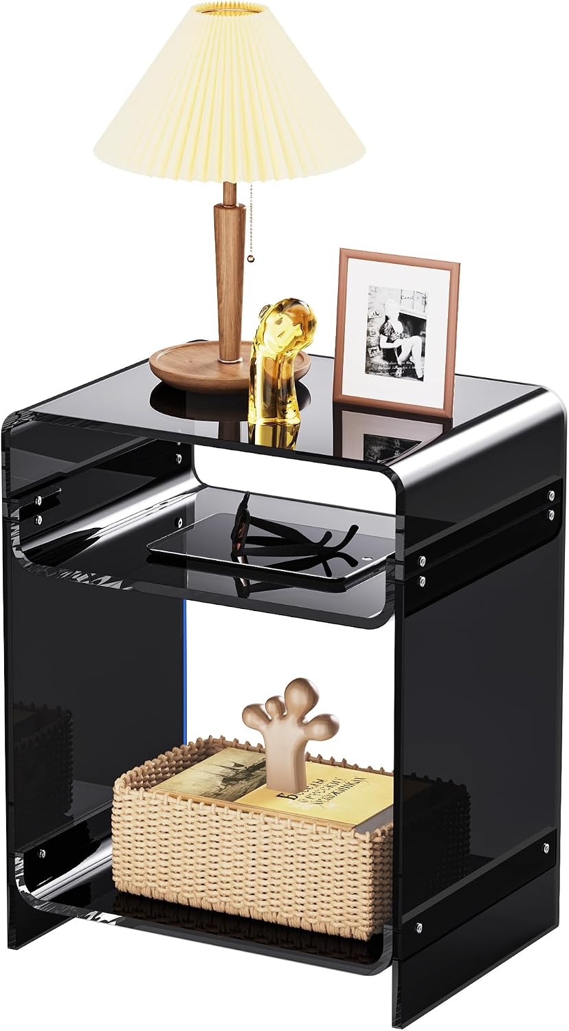 Acrylic End Table Record Player Table with Storage Shelf Clear Side Table Nig...