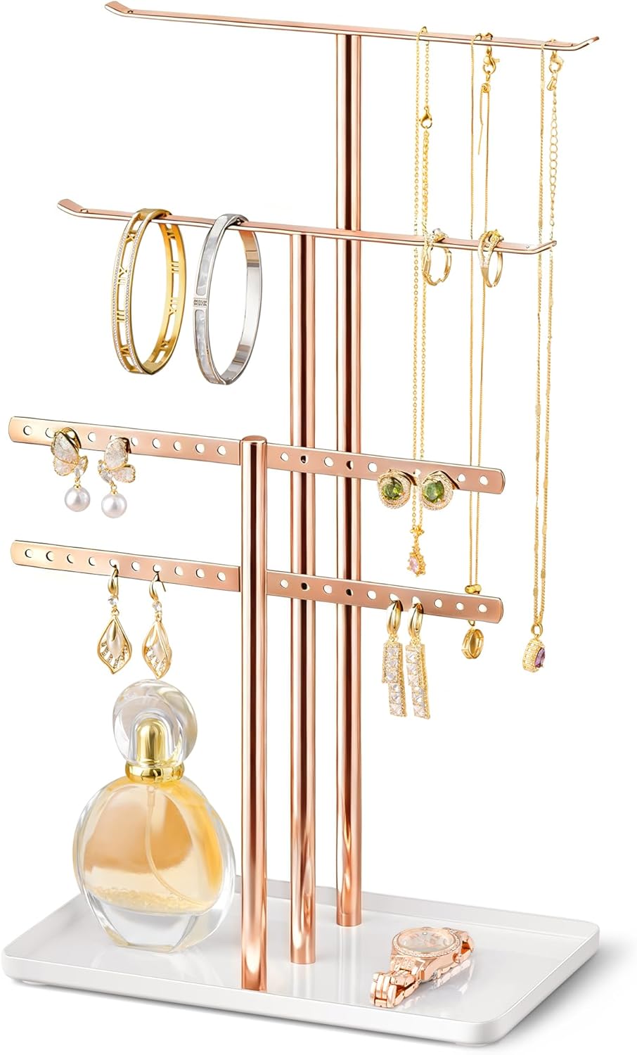 pickpiff Jewelry Stand Holder Organizer: 14.5" Sturdy Hanger for 80 Pcs Jewelry, Rose Gold Jewlery Tower for Display Necklace, Earring, Bracelet, Watch