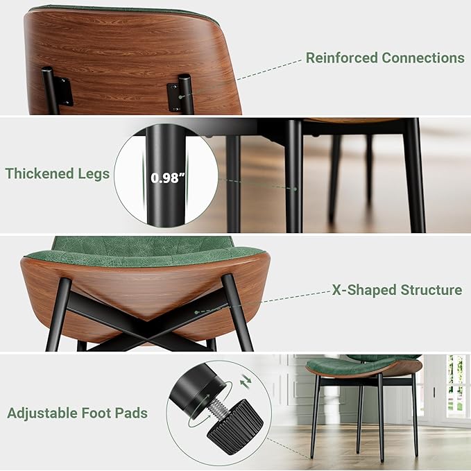 Dining Chairs Set of 2, Dining Room and Kitchen Chairs, Mid Century Modern Accent Chair, Upholstered PU Leather Chairs for Vanity with Walnut Bentwood and Metal Legs, Green