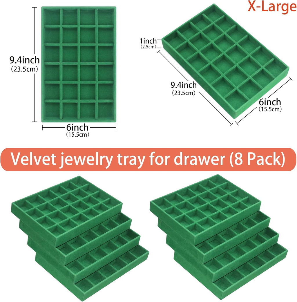 24 Grid Velvet Jewelry Drawer Organizer Tray Stackable Jewelry Trays Removable Dividers for Earring Rings Stud Necklaces (Set of 8, Green