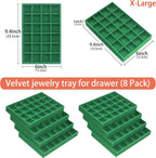 24 Grid Velvet Jewelry Drawer Organizer Tray Stackable Jewelry Trays Removable Dividers for Earring Rings Stud Necklaces (Set of 8, Green
