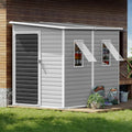 8x4 FT Resin Lean to Shed, Waterproof Outdoor Storage Shed with Floor, Adjustable Openable Window, Lockable Door & 2 Windows, Tool Shed for Patio Garden, Lawn, Backyard, Dove Grey