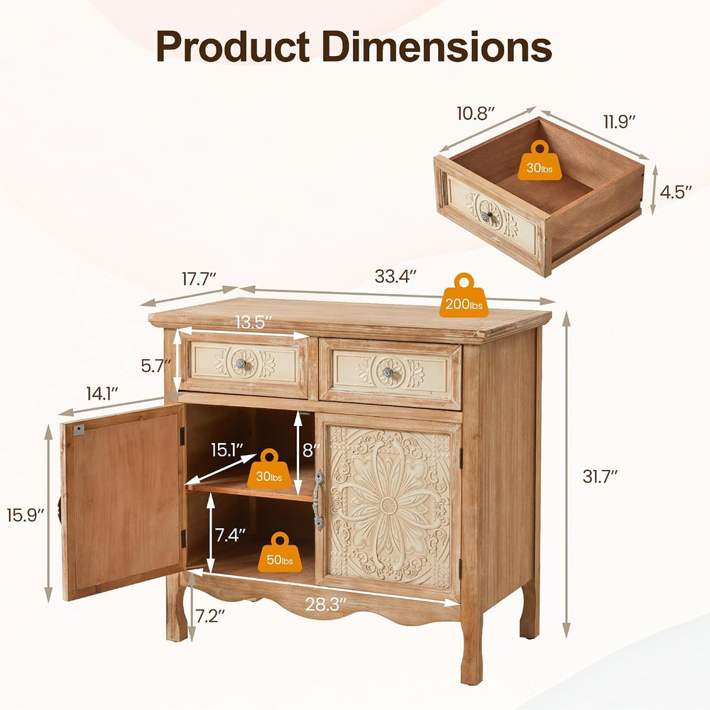 RoyalCraft Sideboard Buffet Cabinet, Solid Wood Accent Cabinet with 2 Carved ...