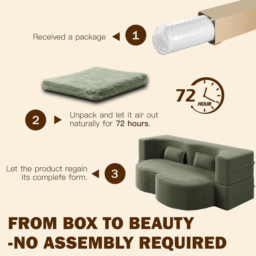 Convertible Folding Sofa Bed, 2-in-1 Full Size Floor Boneless Couch Bed, Corduroy Loveseat sleeper Couch Floor Sofa, Memory Foam Sleeper SofaBed, Small couches for small spaces, No Assembly, Green