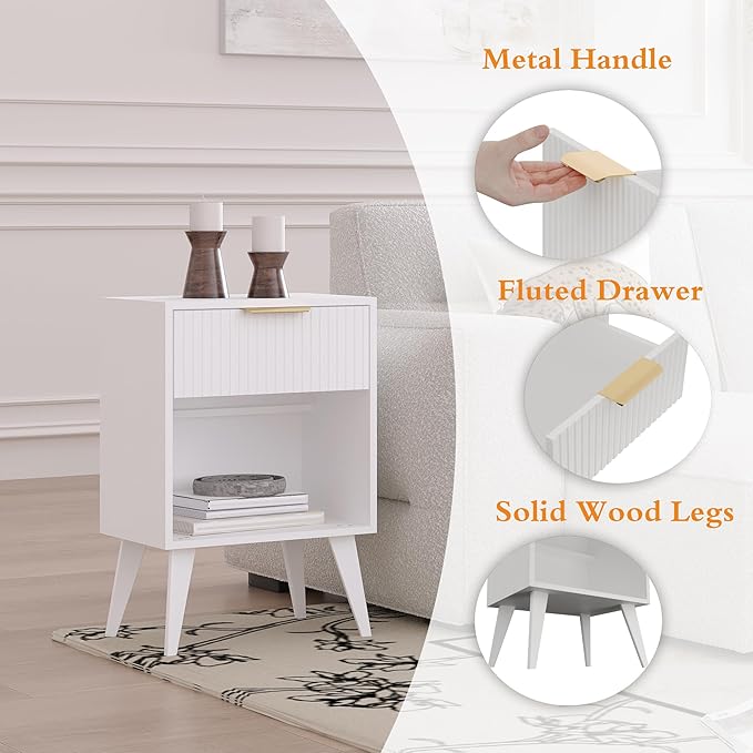 Fluted Night Stand with Opening Storage,Mid Century Bedside Table with Drawer...