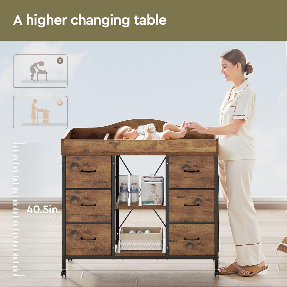 YeTom Changing Table, 6-Drawer Dresser, Adjustable Shelves, Rustic Brown