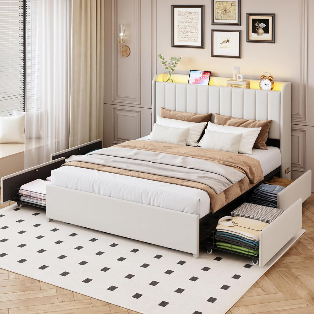 Full Bed Frame with 4 Drawers and Storage Headboard, Upholstered Platform Bed...