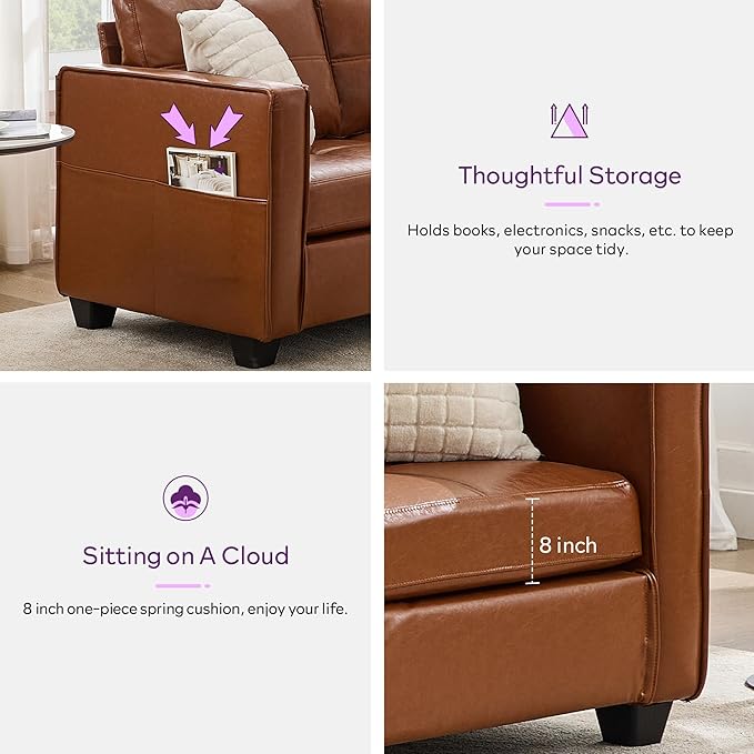 TYBOATLE 88" W Faux Leather Couches for Living Room w/Side Pockets, Mid-Century Modern Tufted Comfy Leather Couch w/USB and Wider Arms, 3 Seater Sofa for Office, Apartment, Bedroom