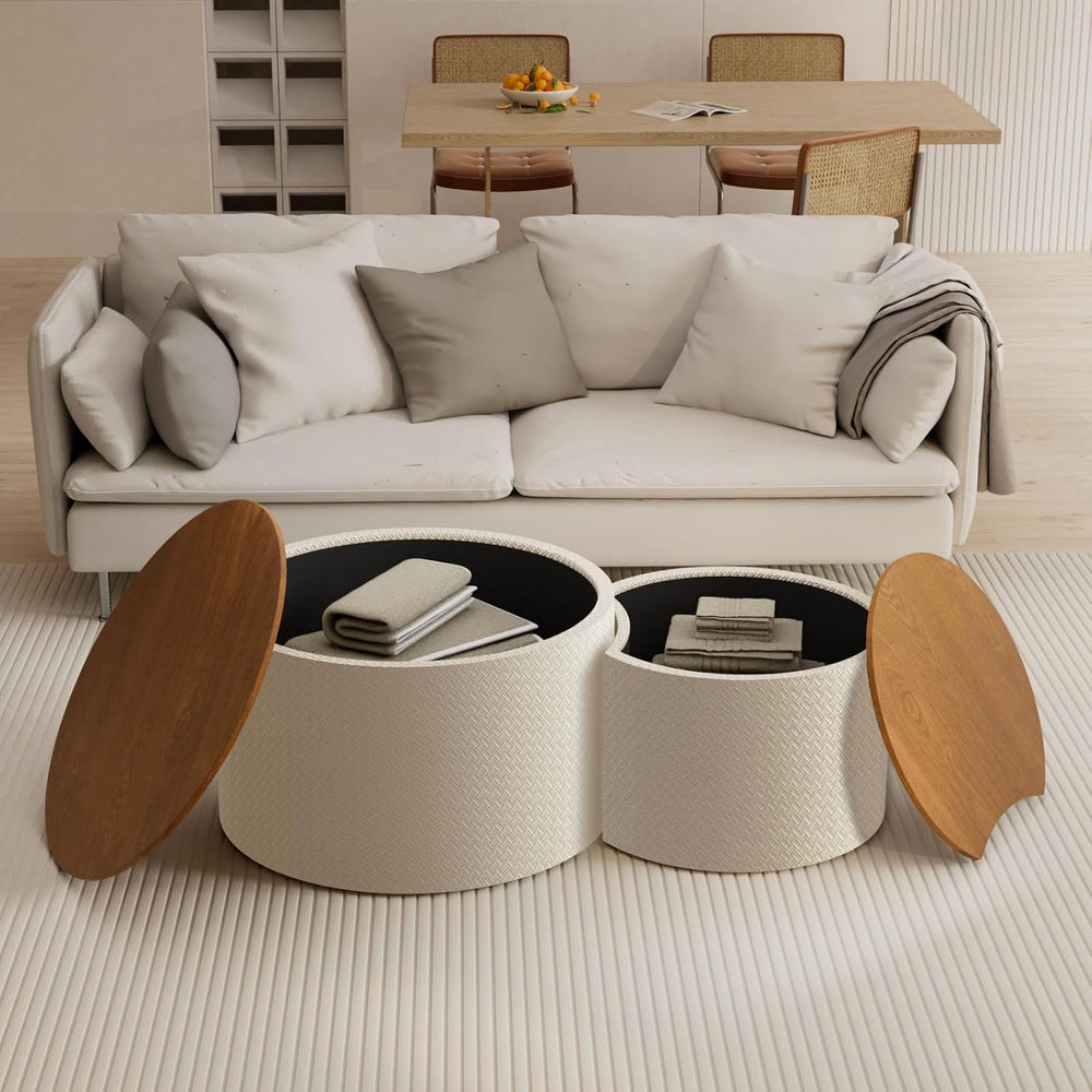 26.8" Nesting Round Coffee Table Set of 2 with Storage | Stackable Round...