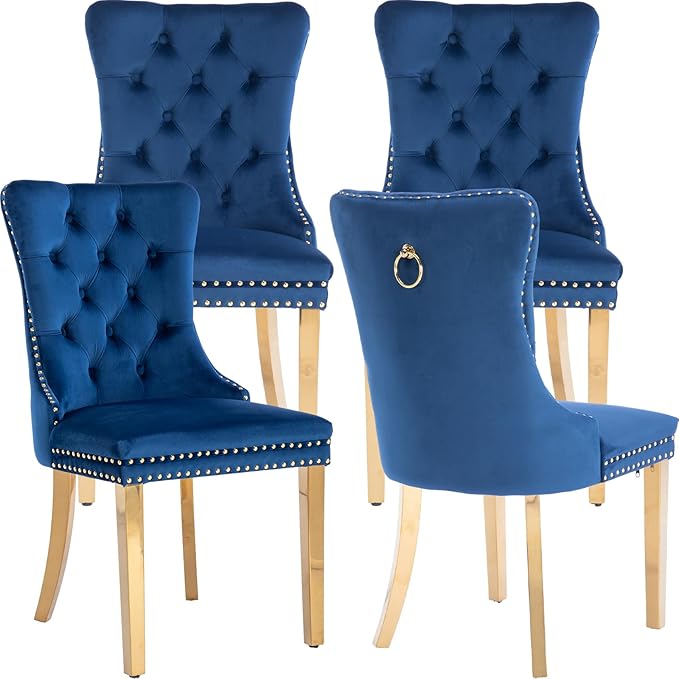 Mid Century Modern Dining Chairs Set of 4, Blue Velvet Upholstered Tufted Back, Kitchen & Dining Room Chairs, Gold Metal Legs, Nailhead Trim, Sillas para Comedor (Blue, 4 Pcs)