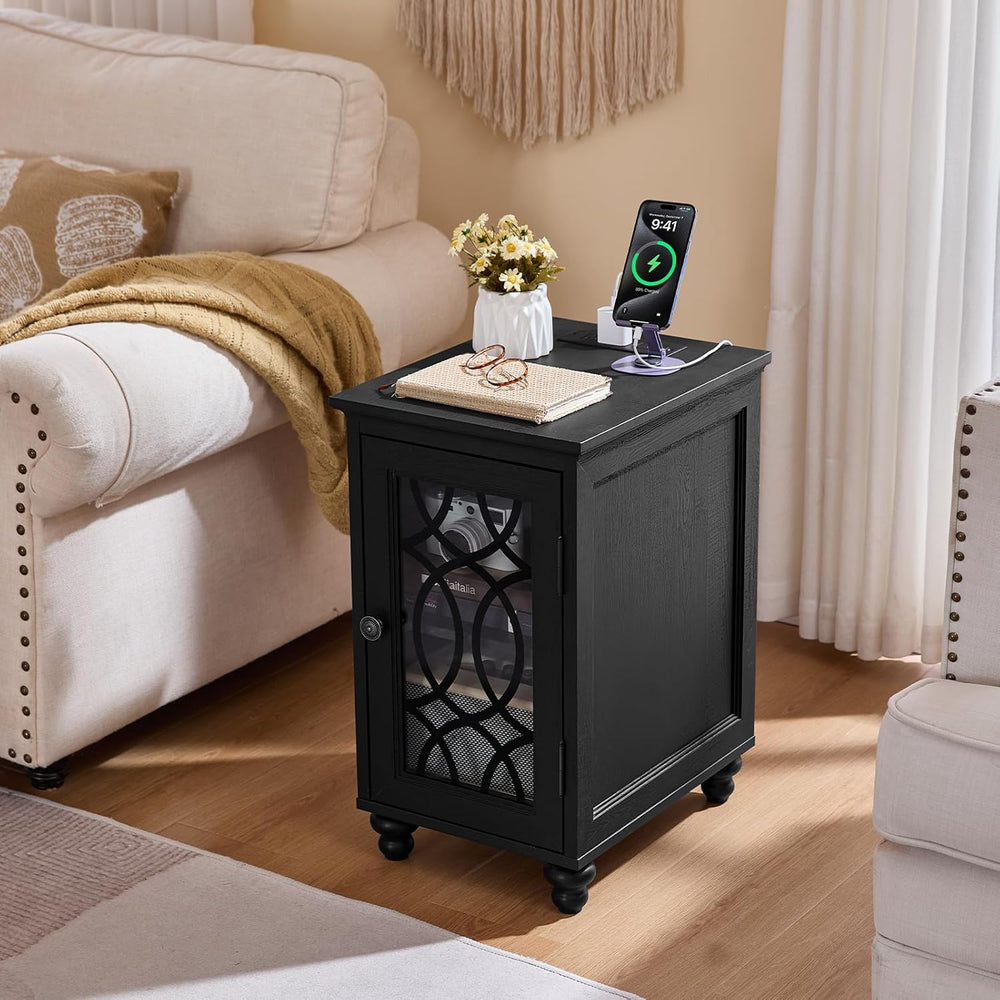 Joaxswe Narrow Side Table with Charging Station Set of 2, Night Stand with Gl...