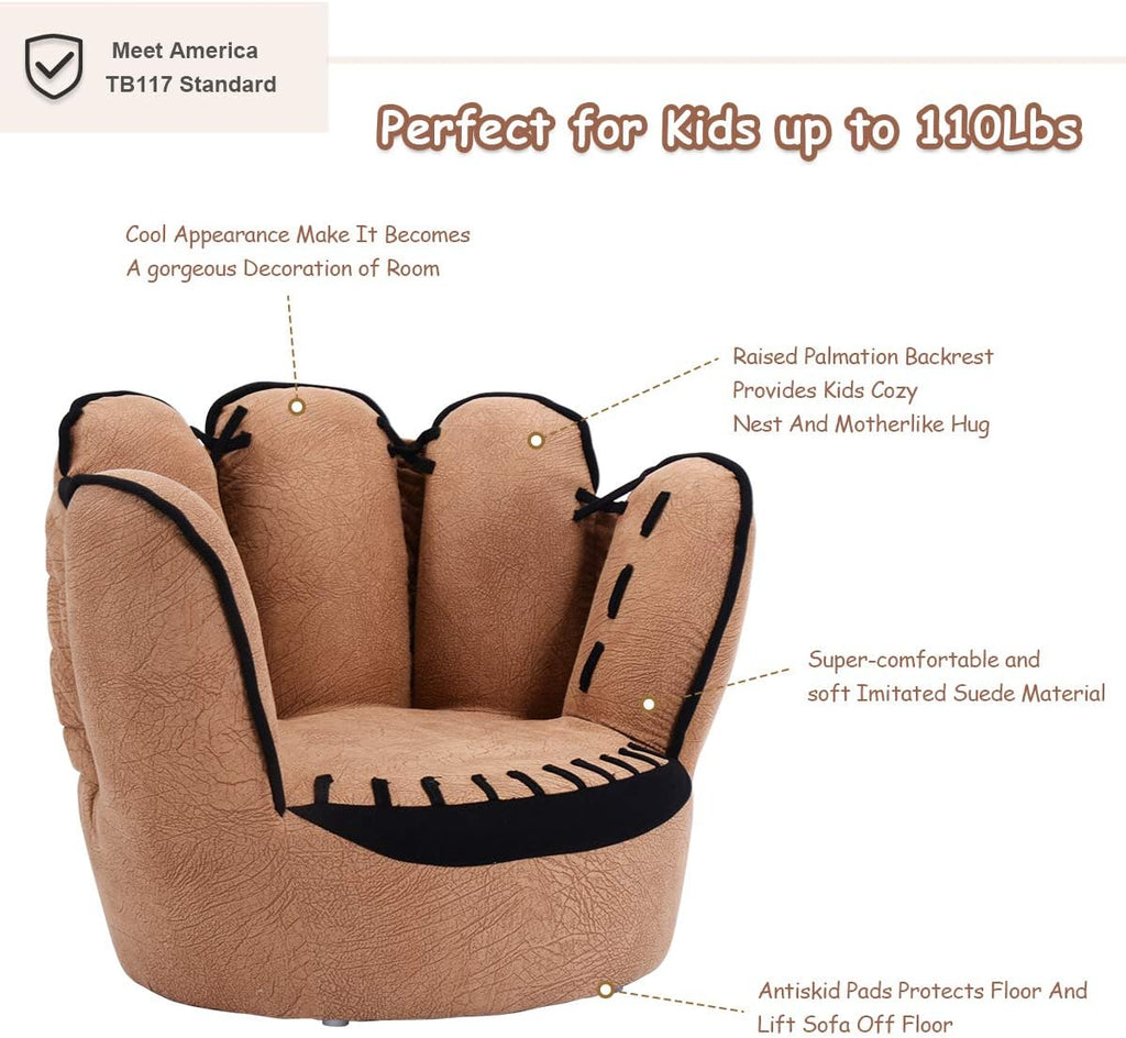 Costzon Kids Couch with Solid Wood Frame & Baseball Glove Design, Children Armchair for Play Room, Nursery, Kindergarten, Kids Room, Gift for Boys & Girls (Brown)