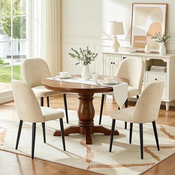 Upholstered Dining Chairs Set of 4, Chenille Mid Century Modern Fabric Dining Room Chair High-Back Padded Kitchen Chairs with Padded Seat and Metal Legs for Kitchen Dining Room Restaurant Cafe, Beige