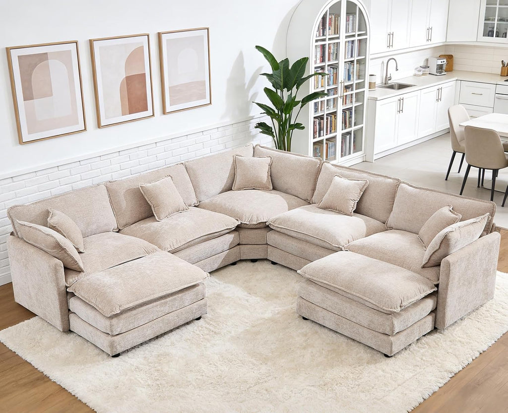 Oversized Modular Sectional Sofa, 7 Seater Deep Seat Cloud Couch Sofa | Chenille|Corner Couch|7 Pillows|2 Ottomans|Double-layer Cushion|For Spacious Living Room, Big Families| Light Camel