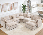 Oversized Modular Sectional Sofa, 7 Seater Deep Seat Cloud Couch Sofa | Chenille|Corner Couch|7 Pillows|2 Ottomans|Double-layer Cushion|For Spacious Living Room, Big Families| Light Camel