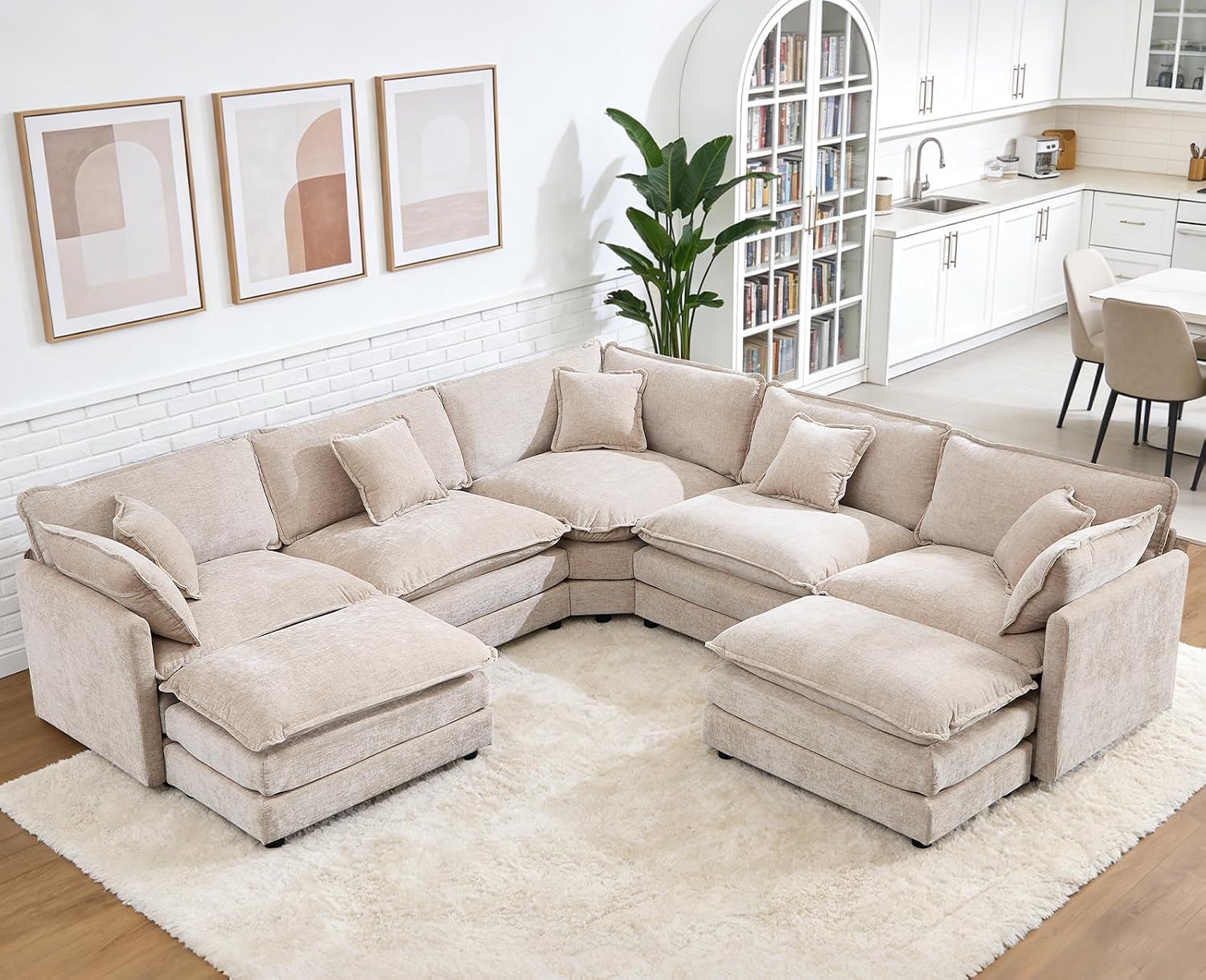Oversized Modular Sectional Sofa, 7 Seater Deep Seat Cloud Couch Sofa | Chenille|Corner Couch|7 Pillows|2 Ottomans|Double-layer Cushion|For Spacious Living Room, Big Families| Light Camel