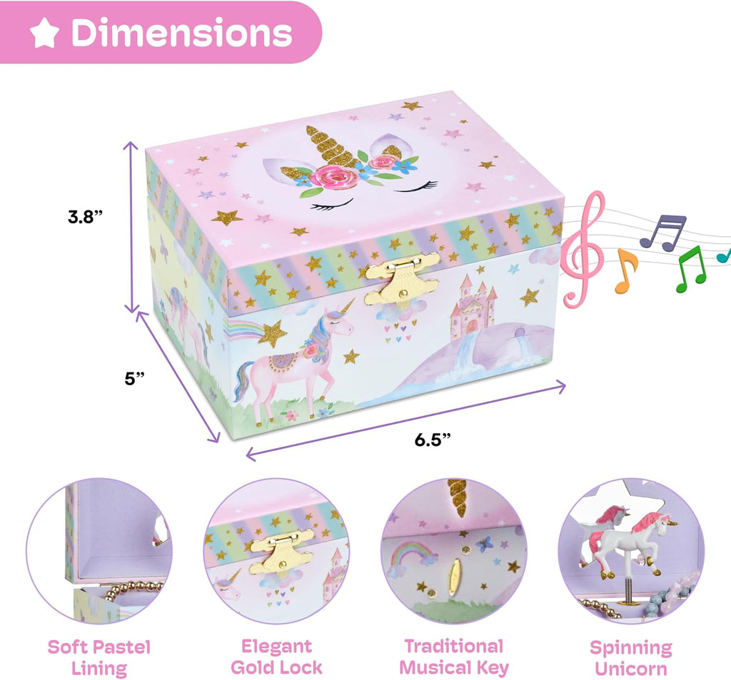 Jewelkeeper Musical Jewelry Box for Girls with Spinning Unicorn, Glitter Rainbow and Stars Design Music Box for Necklace, Earrings, and Accessories, Plays The Beautiful Dreamer Tune