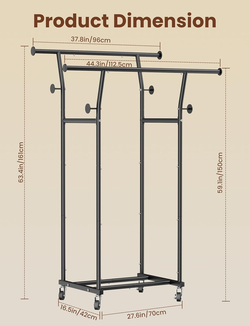 Double Rods Clothes Rack, Rolling Clothing Rack with Wheels, Metal Clothing Racks for Hanging Clothes, Portable Garment Rack Sturdy Closet Rack Trending Coat Rack for Laundry Bedroom Living Room