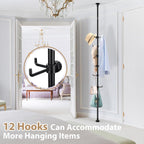 Coat Rack Freestanding, 56 to 125 inch Adjustable Tension Rod Hanger with 12 Hooks for Hanging Coat, plant,Jacket, Hat, Scarf, Suitable for Living Room, Balcony, Kitchen Black