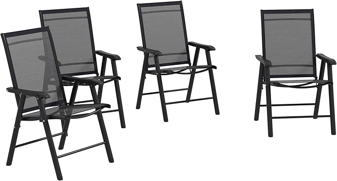 Outsunny Set of 4 Patio Folding Chairs, Stackable Outdoor Sling Patio Dining Chairs with Armrests for Lawn, Camping, Dining, Beach, Metal Frame, No Assembly, Black