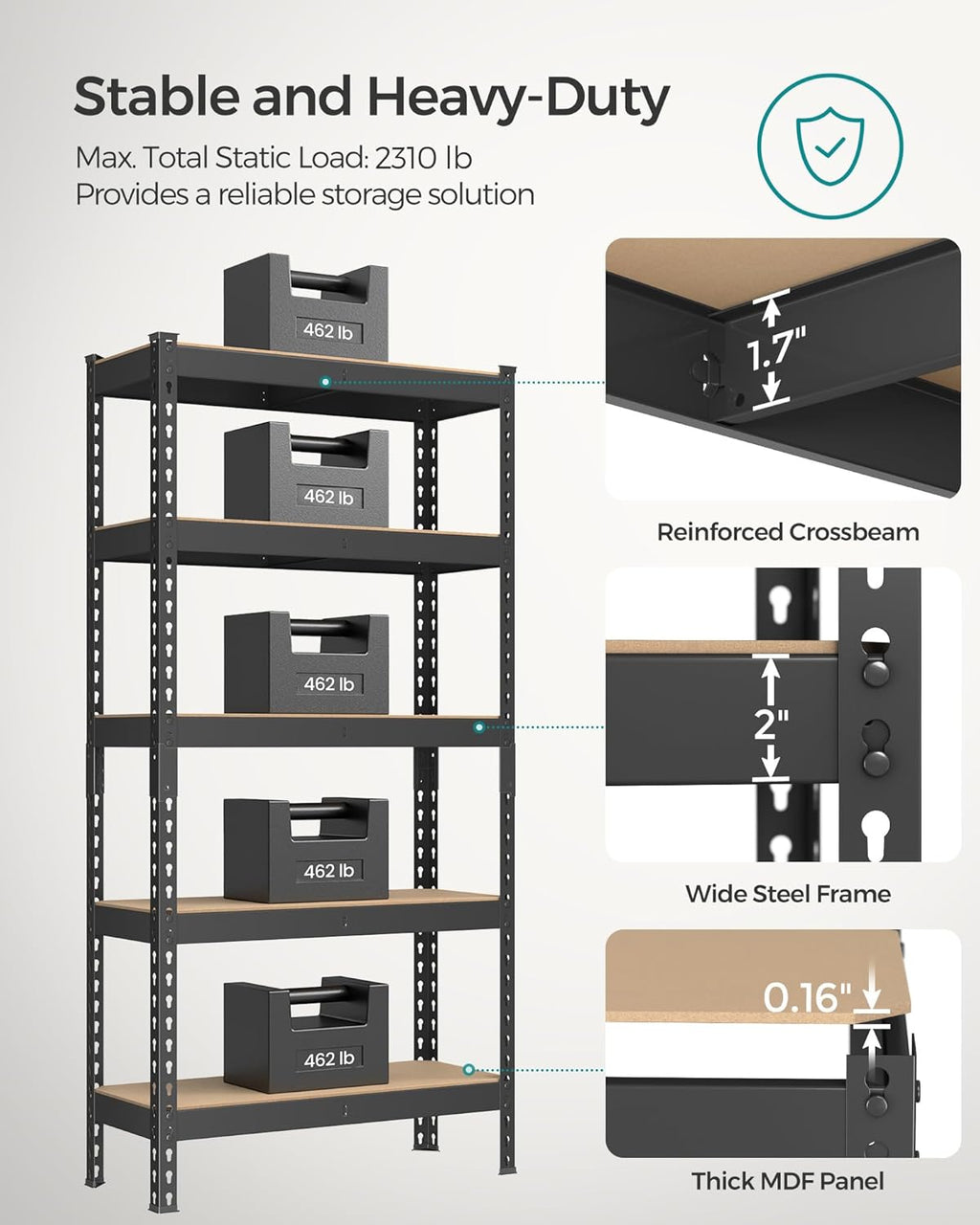 SONGMICS 5-Tier Storage Shelves, Load 2310 lb, Garage Storage, Boltless Assembly, Adjustable Shelving Unit, 11.8 x 29.5 x 59.1 Inches, for Study Shed Basement, Black and Natural Beige UGLR300B01