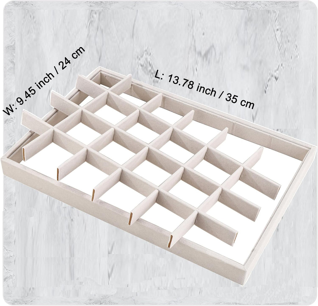 Mornajina 24 Grids Stackable Jewelry Tray Organizer with Removable Dividers, Velvet Jewelry Display Tray for Earrings Necklaces Bracelet Rings Display Showcase - Beige