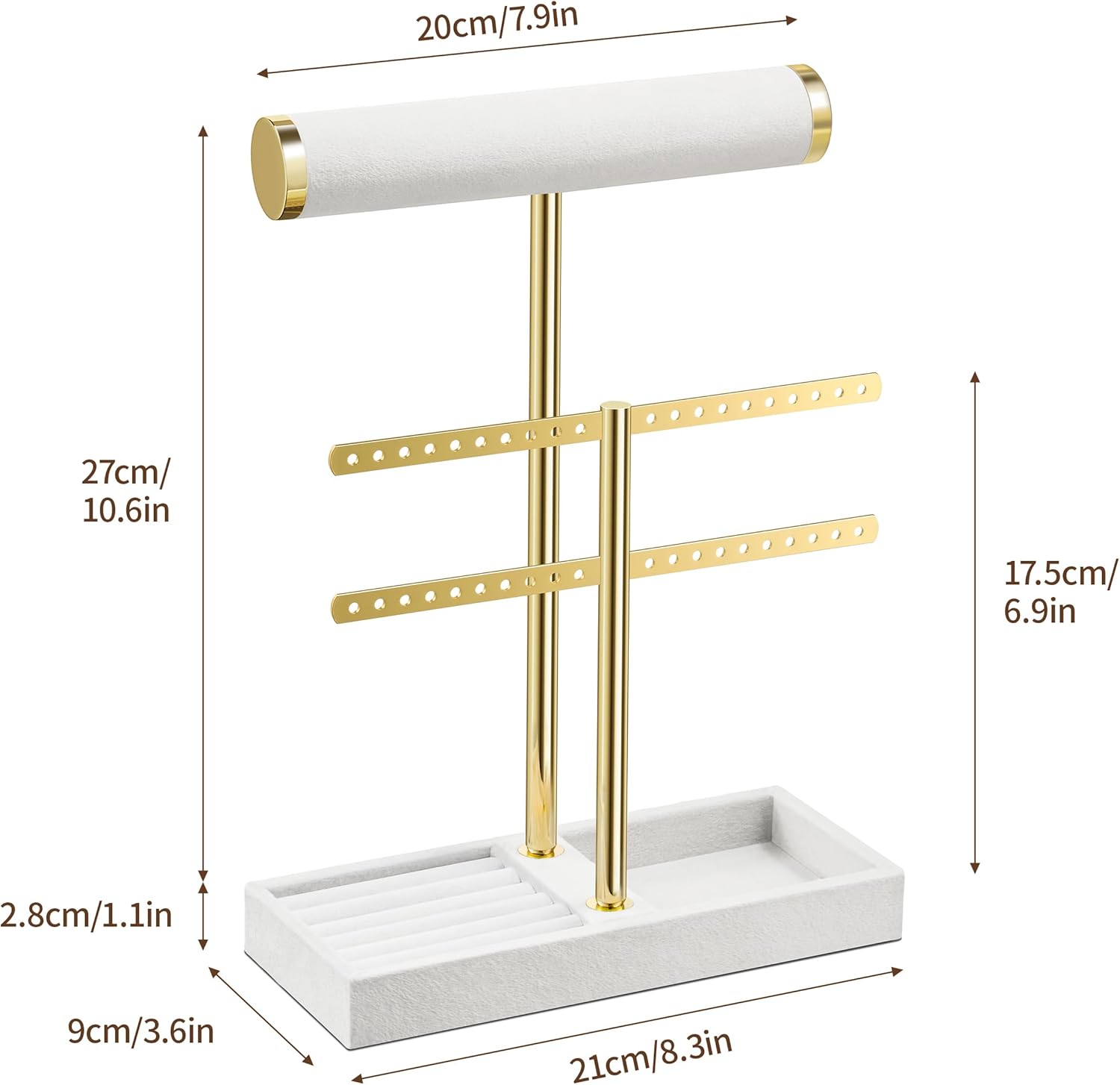 2 Tier Bracelet Holder Display - Detachable T Bar White Velvet Bracelet Holder, Jewelry Holder Organizer for Bracelet, Necklace, Earrings, Rings