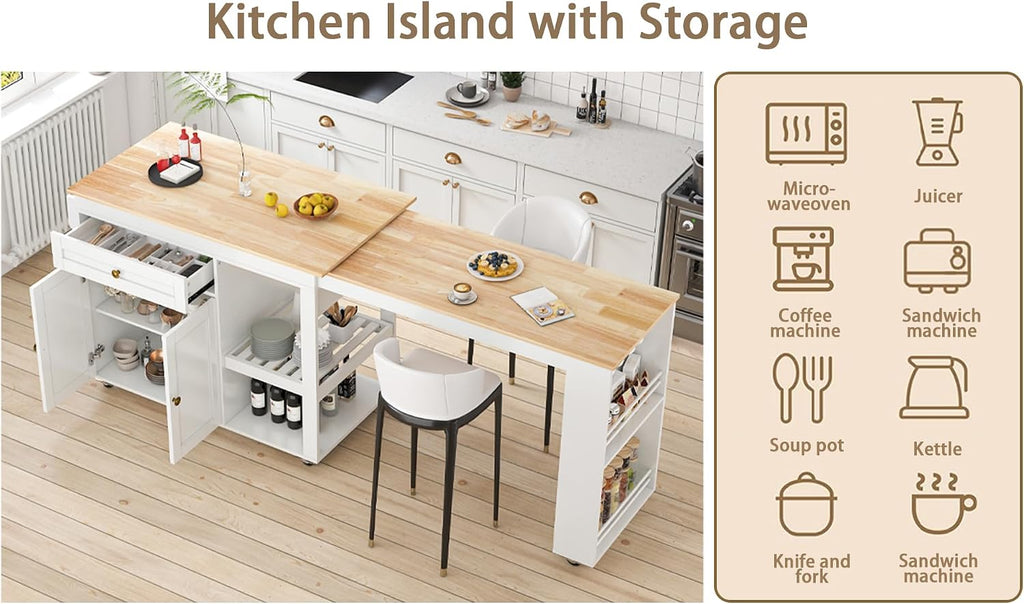 JassmiPkwy 78'' Rolling Kitchen Island with Extendable Dining Table for 4, Kitchen Islands on Wheels w/Pull Out Table, Drawer, 2-Tier Storage Shelf, Hooks, White