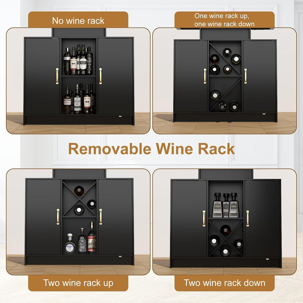 Wine Bar Cabinet with Power Outlet and LED Light, Coffee Bar Cabinet with Wine Rack, Storage Shelves and Cabinets, Large Space Liquor Cabinets for Kitchen Dining Room Living Room, Black