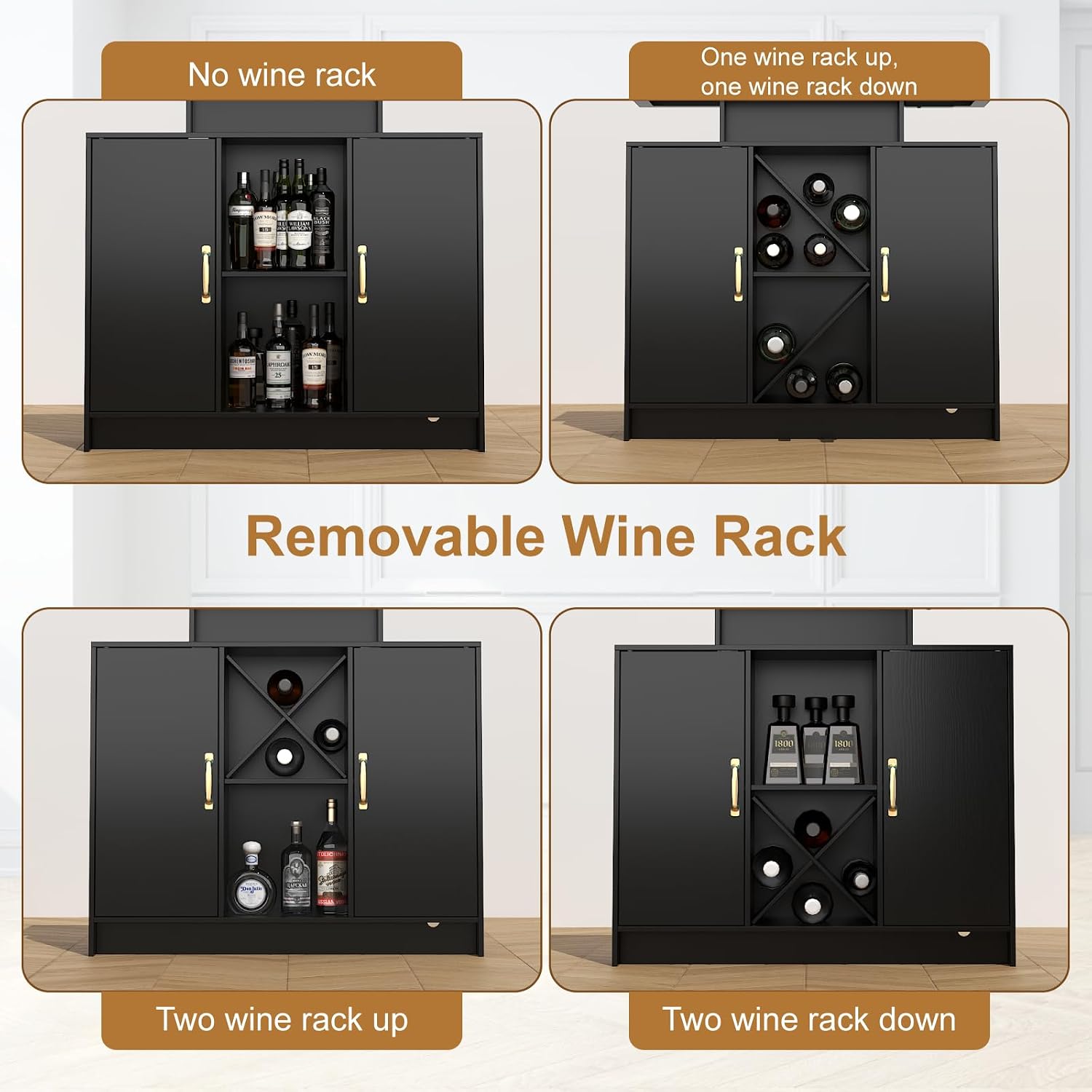 Wine Bar Cabinet with Power Outlet and LED Light, Coffee Bar Cabinet with Wine Rack, Storage Shelves and Cabinets, Large Space Liquor Cabinets for Kitchen Dining Room Living Room, Black