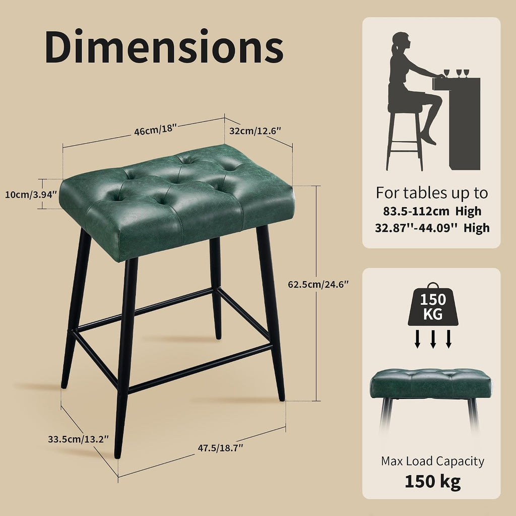 STOOLINK Bar Stools Set of 2, 24 Inch Counter Height Bar Stool for Kitchen Island, Modern Bar Hight Stools with Sturdy Metal Base and Thickened Saddle Cushion, 330Lbs, Green
