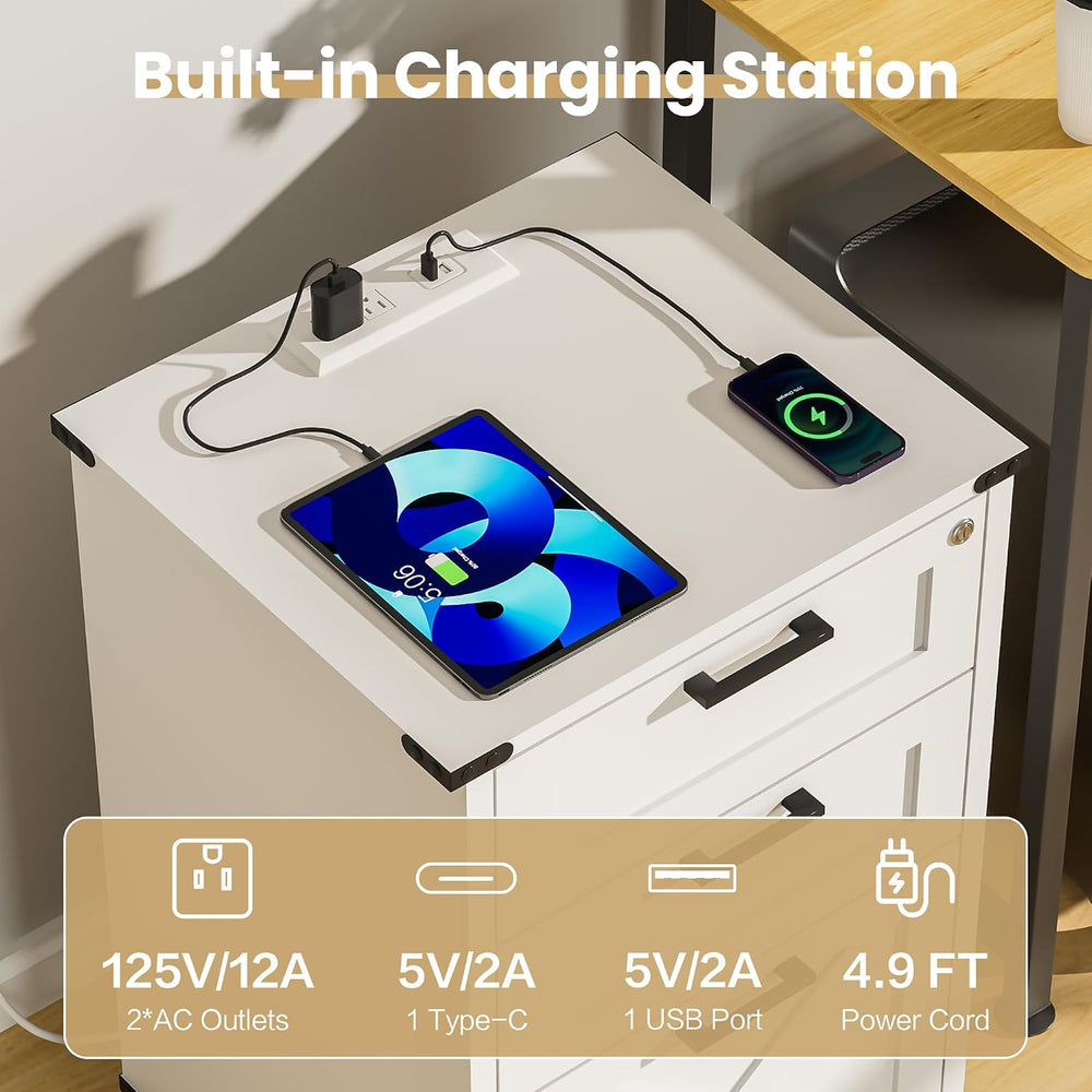Onelike Small Wood File Cabinet with Charging Station and Lock, 3 Drawers | B...