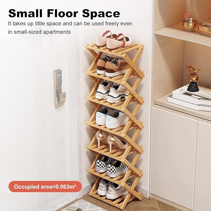 Simcat Wood Shoe Rack Foldable Shoe Organizer Shoe Storage for Small Spaces Free Standing Shelf for Entryway, Bedroom, Garage (7 Tiers,Tawny)