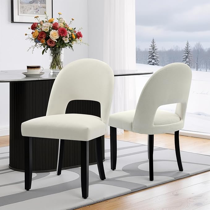 Upholstered Dining Chairs Set of 2, Modern Farmhouse Wooden Kitchen Chairs with Solid Wood Legs & Linen Fabric Backrest, Cream White