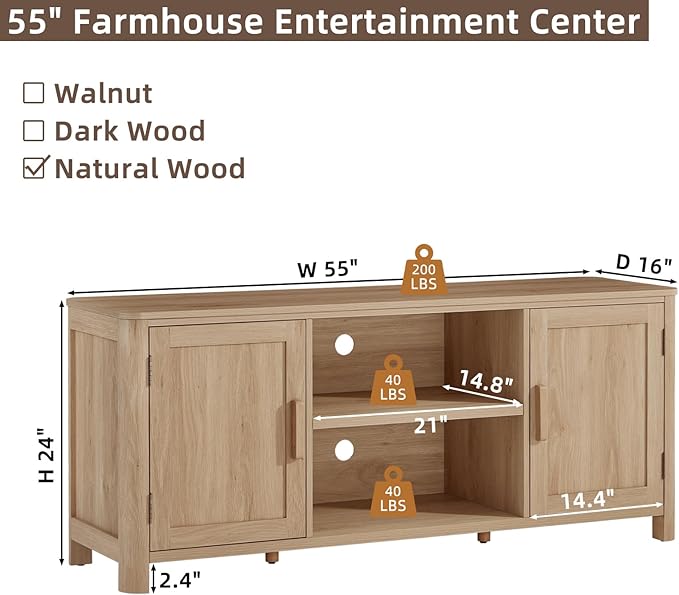 Farmhouse 55" Entertainment Center, Natural Oak Tv Stand with Adjustable Shelves & 2 Door Storage,Wood Media Console Cabinet for TVs Up to 65 inches, Rustic Tv Stands for Living Room,Bedroom