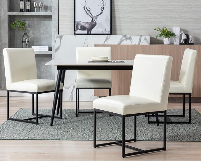 CIMOTA Modern Dining Chairs Set of 6, Leather Dining Room Chairs Upholstered Armless Guest Side Chair with Black Base for Dining Room/Kitchen, Cream 6PCS