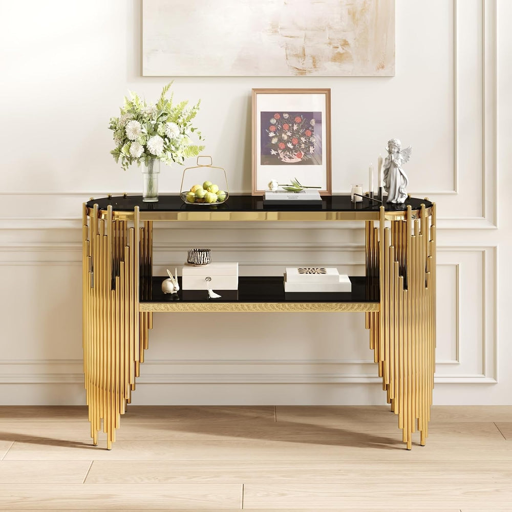 Luxury Gold Console Table with 2-Tier Black Tempered Glass Shelves, 47" ...