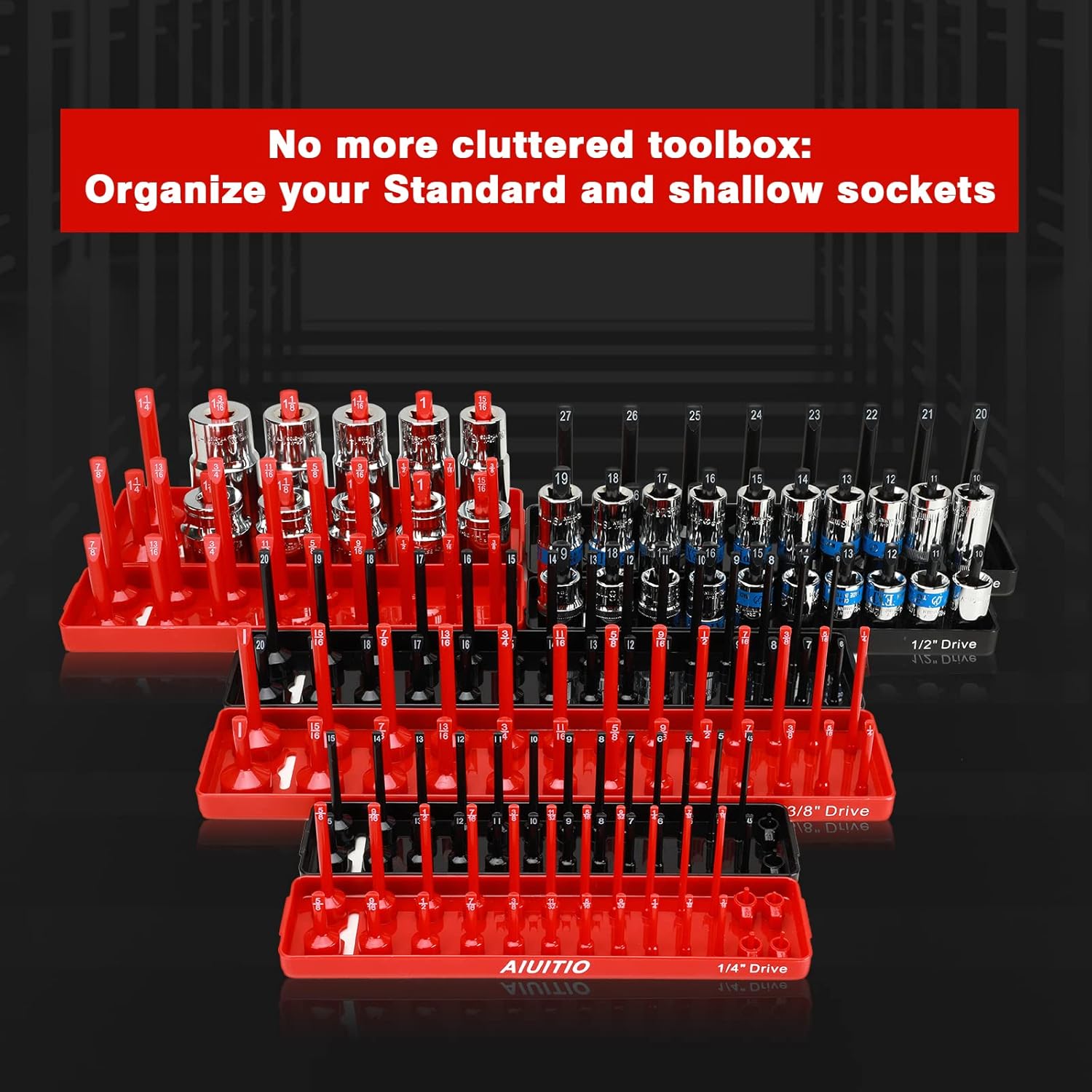 8 Piece Metric & SAE Socket Organizer Tray Set, 1/4-Inch, 3/8-Inch & 1/2-Inch Drive Standard & Deep Socket Holders for Toolboxes, Store 176 Sockets