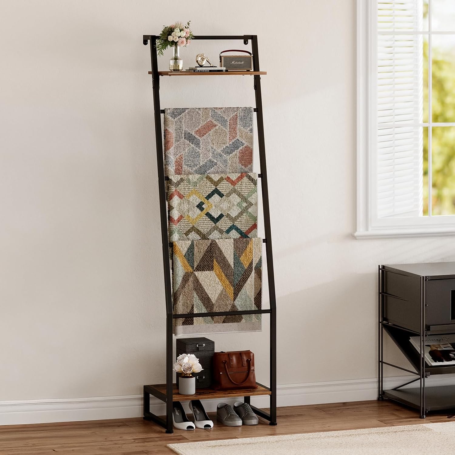 Nuoex Blanket Ladder with Shelf, 6 Layer Wall-Leaning Blanket Rack, Farmhouse Blanket Shelf for Storage and Home Decor, Freestanding Rack for Bathroom, Rustic Brown and Black