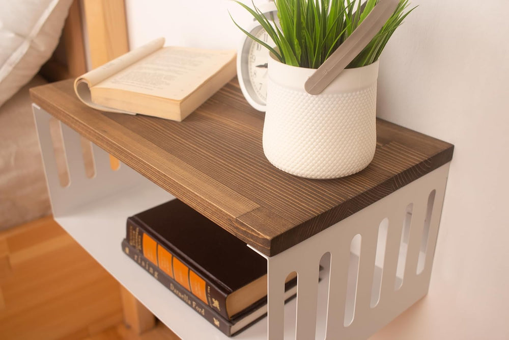 Floating Nightstand with White Metal Base, Wooden Top and Sturdy Metal Base, ...