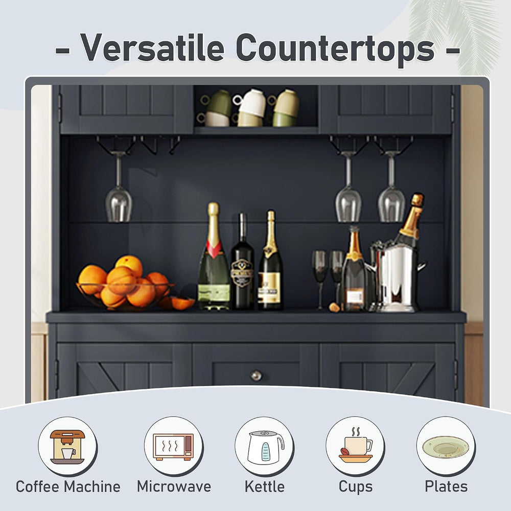Coffee Bar Cabinet with Storage, 9-Grid Wine Rack & Drawers, Farmhouse Ki...