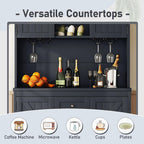 Coffee Bar Cabinet with Storage, 9-Grid Wine Rack & Drawers, Farmhouse Kitchen Buffet with Glass Hooks for Dining Room, Living Room, Kitchen (Blue, 73")