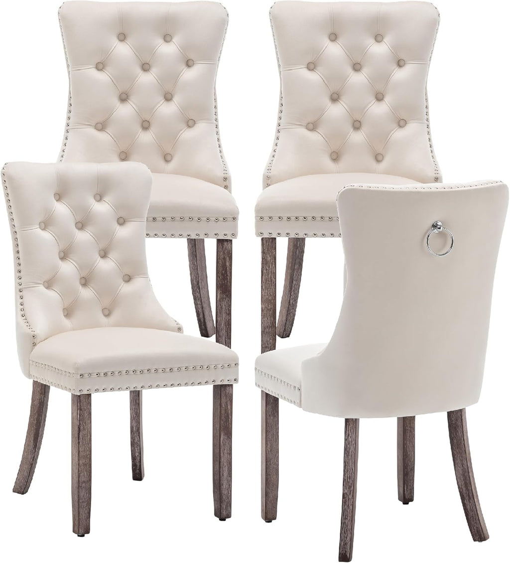 Velvet Dining Chairs Set of 4, Upholstered Dining Room Chairs with Ring Pull Trim and Button Back, Luxury Tufted Dining Chair for Living Room, Bedroom, Kitchen (Beige)