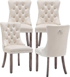 Velvet Dining Chairs Set of 4, Upholstered Dining Room Chairs with Ring Pull Trim and Button Back, Luxury Tufted Dining Chair for Living Room, Bedroom, Kitchen (Beige)