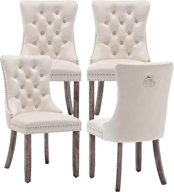 Kiztir Velvet Dining Chairs Set of 4, Upholstered Dining Room Chairs with Ring Pull Trim and Button Back, Luxury Tufted Dining Chair for Living Room, Bedroom, Kitchen (Beige)