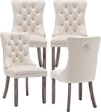 Kiztir Velvet Dining Chairs Set of 4, Upholstered Dining Room Chairs with Ring Pull Trim and Button Back, Luxury Tufted Dining Chair for Living Room, Bedroom, Kitchen (Beige)
