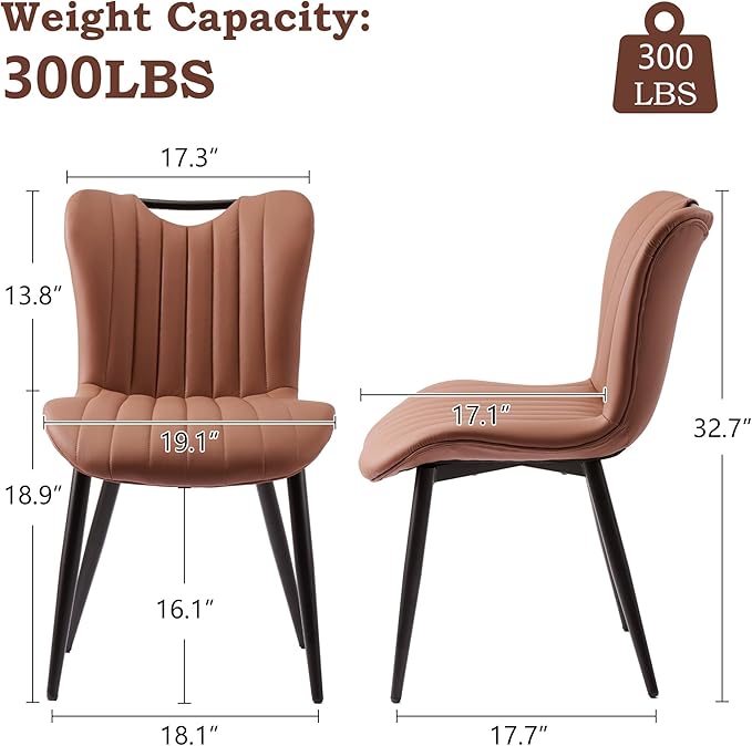 Leather Upholstered Dining Chairs Set of 6, Mid-Century Modern Kitchen Dining Room Chairs with Black Metal Legs, Armless Faux Leather Accent Dinner Chairs Kitchen Side Chairs, Camel